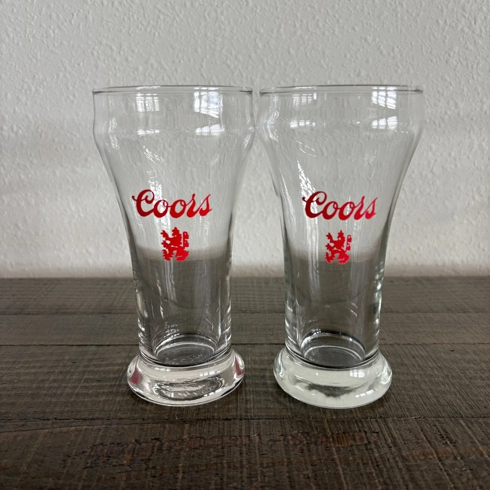 Coors Beer Pilsner Glasses Clear Red Vintage Logo Lion Crest Set of 2